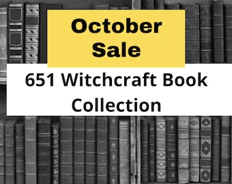 May include: A collection of 651 witchcraft books arranged on wooden shelves. The image features a yellow rectangular overlay with the black text October Sale and a white rectangular overlay with the black text 651 Witchcraft Book Collection.