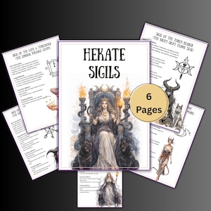 May include: A set of six pages with Hekate Sigils. The central page shows a watercolour illustration of a woman on a throne, with black dogs, and the text "HEKATE SIGILS". Other pages contain sigils and text.