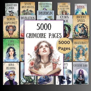 May include: A collection of grimoire pages with various titles such as "Graveyard Magic," "Demon Baphomet," and "Ancient Spells." The central image features a woman with flowers, holding a book. The text reads "5000 Grimoire Pages."