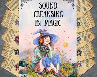 Puede incluir: Una ilustración de acuarela de una bruja con un sombrero azul y auriculares, sentada en un campo de flores. El texto "SOUND CLEANSING IN MAGIC" está escrito en negro en la parte superior de la imagen.