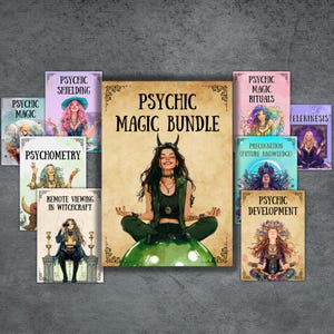 May include: A collection of books and a central poster with the words "Psychic Magic Bundle." The books feature titles like "Psychic Shielding," "Psychometry," and "Psychic Magic Rituals." The central image shows a woman meditating on a green orb.