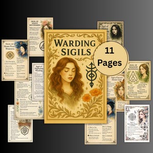 May include: A collection of illustrated cards and a central book titled "Warding Sigils." The book features a portrait of a woman with long, flowing hair. The cards have various sigils and text, with the number "11 Pages" visible.