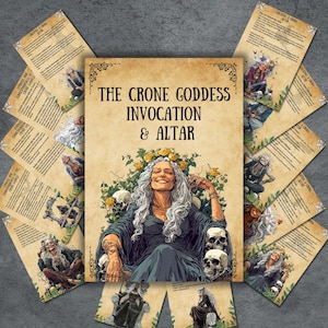 May include: A digital illustration of a crone goddess sitting on a throne of skulls. The goddess has long white hair and is wearing a dark robe. The image is surrounded by cards with text about the crone goddess. The text on the main card reads "The Crone Goddess Invocation & Altar".