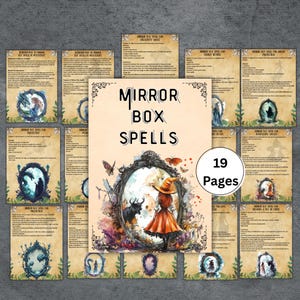 May include: A collection of 19 pages of printed spell instructions titled Mirror Box Spells. The pages feature parchment-style backgrounds, decorative borders, and illustrations of mirrors, figures in hats, and creatures. A central page shows a person in an orange hat standing before a large ornate mirror.