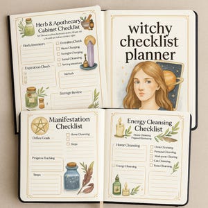K&ouml;nnte beinhalten: Ein "witchy checklist planner" mit einem Frauenportr&auml;t und dem Titel. Der Planer enth&auml;lt Checklisten f&uuml;r Kr&auml;uter & Apotheke, Manifestation und Energie Reinigung. Die Seiten haben botanische Illustrationen und dekorative Elemente.
