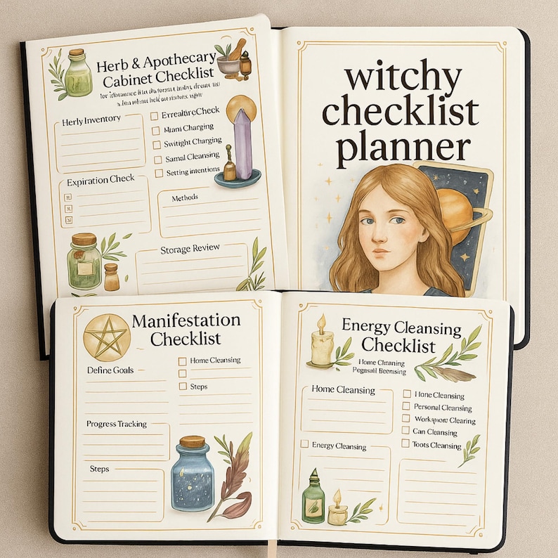 K&ouml;nnte beinhalten: Ein "witchy checklist planner" mit einem Frauenportr&auml;t und dem Titel. Der Planer enth&auml;lt Checklisten f&uuml;r Kr&auml;uter & Apotheke, Manifestation und Energie Reinigung. Die Seiten haben botanische Illustrationen und dekorative Elemente.