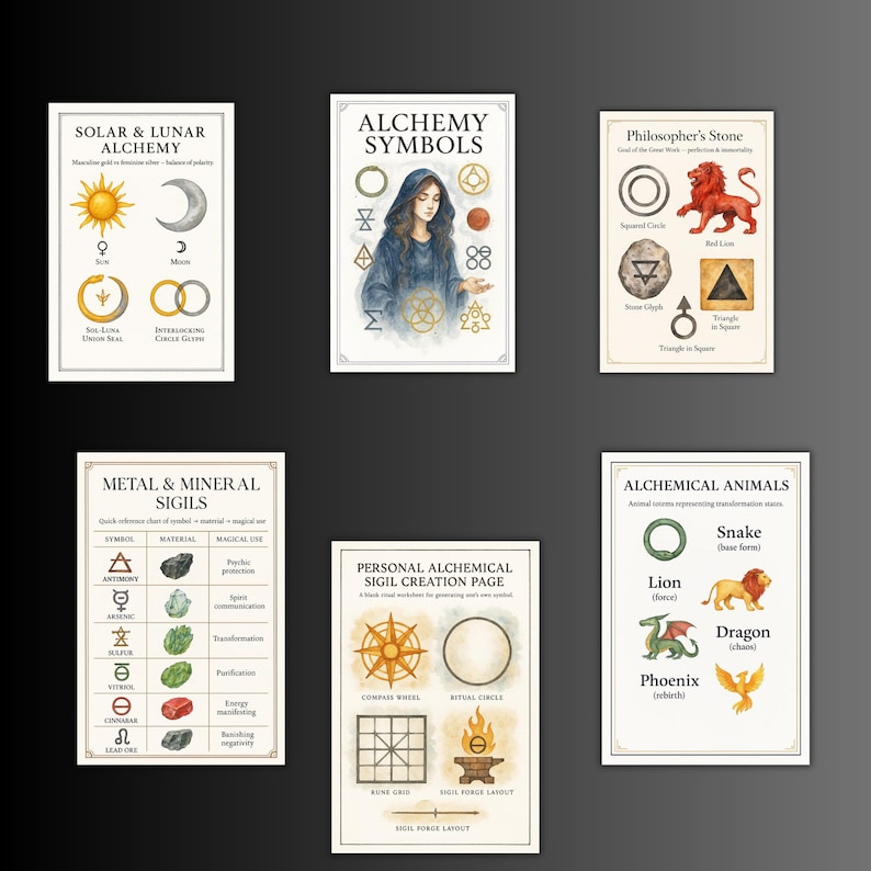 Puede incluir: Colecci&oacute;n de seis l&aacute;minas art&iacute;sticas con s&iacute;mbolos y diagramas alqu&iacute;micos. Las l&aacute;minas incluyen t&iacute;tulos como "Solar & Lunar Alchemy", "Alchemy Symbols" y "Philosopher's Stone". La paleta de colores es suave, con ilustraciones en tonos dorados, azules y marrones.