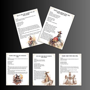 May include: A collection of printed spell cards with illustrations of witches and mystical figures. The cards feature text on cleansing, renewal, and healing rituals, with titles like "Spell of Pure Home Cleansing" and "Healing Heart White Rose Spell."