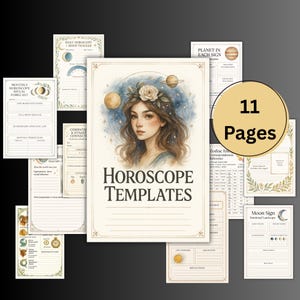 May include: A collection of 11 pages of horoscope templates. The central page features a watercolor illustration of a woman with floral headwear, planets, and the text "HOROSCOPE TEMPLATES". Other pages include daily mood trackers, zodiac references, and moon sign information.