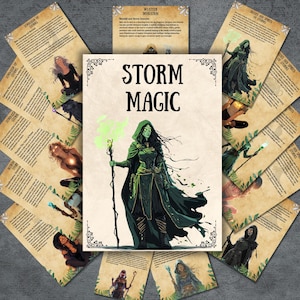May include: A set of printable cards featuring a green-skinned woman with long black hair, holding a staff with a glowing green orb at the top. The cards are titled "Storm Magic" and feature various illustrations of storms and weather.