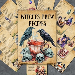May include: A printable set of witch's brew recipes with illustrations of ravens, skulls, and a teacup. The title of the printable is "Witches Brew Recipes".