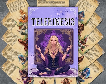 May include: A purple and gold illustrated book with the word "Telekinesis" in a white font. The book is open to reveal a woman in a purple dress meditating with her hands raised. The woman has long blonde hair and is wearing a necklace with a purple gem. The background is a purple and gold mandala.