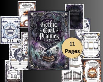 May include: A Gothic Goal Planner with 11 pages, featuring a dark purple and black cover with a raven, crystal ball, and skull design. The planner includes various pages for manifestation, focus, and tracking habits.
