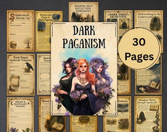Può includere: Una collezione di download digitali stampabili di 30 pagine con tema paganesimo oscuro. L'immagine centrale presenta tre donne con corone floreali. I download includono pagine di diario, modelli di incantesimi e archetipi dei tarocchi.