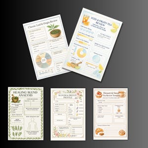 May include: Five tea review templates with watercolour illustrations. The templates include "Classic Leaf & Origin Review," "Iced & Fruity Tea Review," "Healing Blend Analysis," "Bloom & Breeze Profile," and "Dessert & Sweet Tea Review Template."