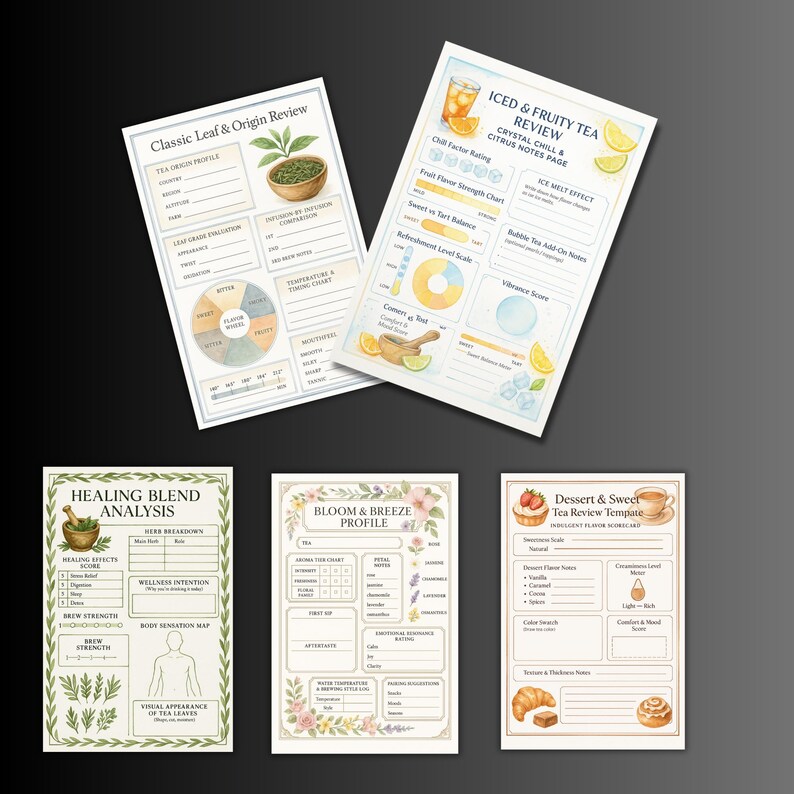 May include: Five tea review templates with watercolour illustrations. The templates include "Classic Leaf & Origin Review," "Iced & Fruity Tea Review," "Healing Blend Analysis," "Bloom & Breeze Profile," and "Dessert & Sweet Tea Review Template."