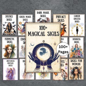 Puede incluir: Una colección de libros con varios títulos, incluyendo "Justice Sigils", "Greek Magic Sigils" y "Dark Magic Sigils". El libro central dice "100+ Magical Sigils" y "100+ Pages". Las portadas presentan ilustraciones y texto.