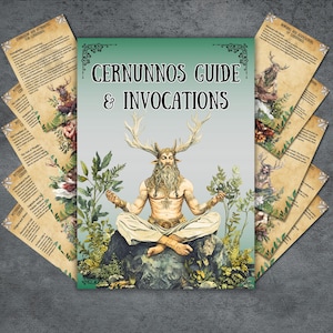 May include: A Cernunnos Guide & Invocations book with a green and white cover featuring an illustration of a deity with antlers, seated in meditation. Surrounding the book are several informational cards with illustrations and text.