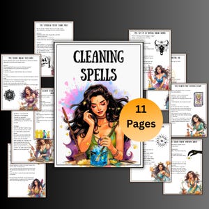 May include: An illustrated collection of 11 pages of cleaning spells. The central image shows a woman with dark hair, holding a brush and a blue liquid. The text "CLEANING SPELLS" is above her. Other pages contain text and illustrations.