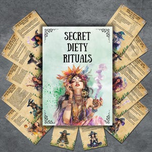 May include: A collection of printed cards titled Secret Diety Rituals, featuring a central card with a colorful illustration of a person adorned in jewelry and feathers, surrounded by multiple parchment-style cards with text and illustrations.