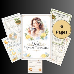 May include: A collection of six tea review templates. The central template features a watercolor illustration of a woman holding a teacup, surrounded by lemons and greenery. Other templates include charts and diagrams for tea analysis.