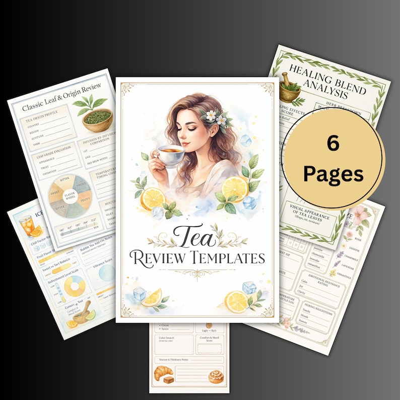 May include: A set of six tea review templates. The central image is a watercolour illustration of a woman with a teacup, surrounded by lemons and foliage. Other templates include charts and diagrams for tea analysis.