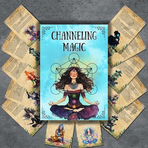 May include: A blue and purple illustration of a woman meditating with a geometric pattern behind her. The text "Channeling Magic" is at the top of the image. The woman has long brown hair and is wearing a purple dress with a green top. She has a flower crown on her head and is wearing jewellery. There are seven chakras represented by coloured circles on her body.