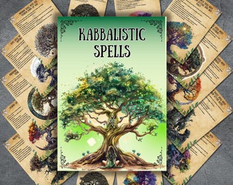 May include: A set of 12 printable cards with Kabbalistic spells. Each card features a colorful tree of life illustration and a spell written in a vintage font.