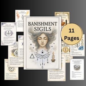 Może przedstawiać: Zestaw 11 stron z sigilami banicji. Centralna strona wyświetla "Banishment Sigils" z ilustracją kobiety. Inne strony zawierają sigile do odpychania krzywd i rozpraszania cieni. Z ilustracjami i tekstem.