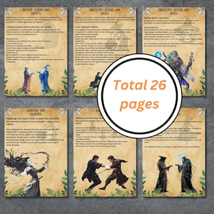 Puede incluir: Un conjunto de seis p&aacute;ginas imprimibles con instrucciones para diversas pr&aacute;cticas m&aacute;gicas, incluyendo encantamientos de defensa, rituales de protecci&oacute;n y t&eacute;cnicas de limpieza. Las p&aacute;ginas presentan ilustraciones de magos y criaturas m&aacute;gicas, con un fondo de pergamino vintage.