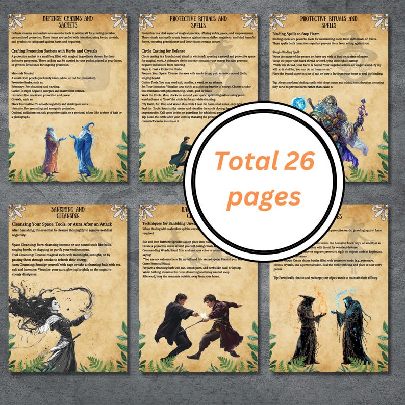 Puede incluir: Un conjunto de seis p&aacute;ginas imprimibles con instrucciones para diversas pr&aacute;cticas m&aacute;gicas, incluyendo encantamientos de defensa, rituales de protecci&oacute;n y t&eacute;cnicas de limpieza. Las p&aacute;ginas presentan ilustraciones de magos y criaturas m&aacute;gicas, con un fondo de pergamino vintage.