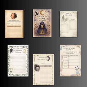 May include: A collection of six journal pages with a vintage aesthetic. The pages feature illustrations, text, and prompts for self-reflection. Titles include "Shadow Work Journal," "Mask vs. True Self," and "Unacknowledged Emotions."