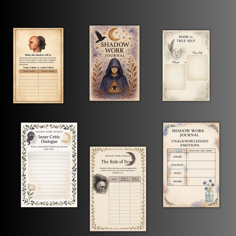 May include: A collection of six journal pages with a vintage aesthetic. The pages feature illustrations, text, and prompts for self-reflection. Titles include "Shadow Work Journal," "Mask vs. True Self," and "Unacknowledged Emotions."