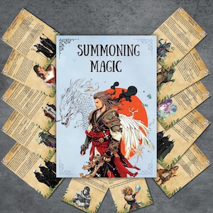 May include: A guide to summoning magic with a white dragon and a person with wings and a sword. The guide has a red, white, and black color scheme. The title of the guide is "Summoning Magic".