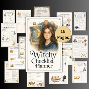 Può includere: Un "Witchy Checklist Planner" di 16 pagine, con un'illustrazione ad acquerello di una donna, pianeti e una carta dei tarocchi. Il planner include liste di controllo per varie pratiche spirituali, come i rituali delle fasi lunari e gli ingredienti degli incantesimi.