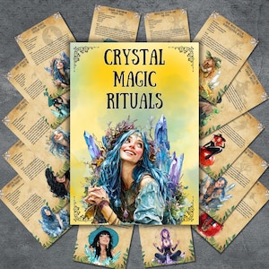 May include: A collection of tarot cards and a central book titled "Crystal Magic Rituals." The book features an illustration of a woman with blue hair and crystal accents. The cards have illustrations and text.