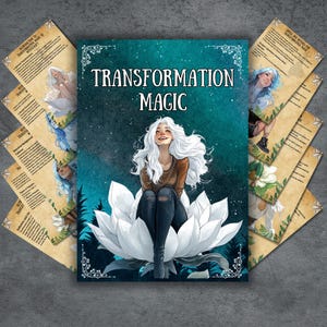 May include: A teal blue background with white stars and a white flower. A woman with long white hair is sitting on the flower. The text "Transformation Magic" is in white letters on the teal blue background.