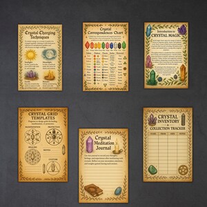 May include: A collection of vintage-style crystal guides and journals. The set includes charts on crystal correspondences, charging techniques, grid templates, and a crystal inventory tracker. Each page features decorative borders and illustrations.