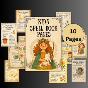 May include: A collection of illustrated spell book pages for kids. The central page features a girl with red hair, a flower crown, and a white cat. Surrounding pages include spells for confidence, sweet dreams, and courage. The text "KID'S SPELL BOOK PAGES" is prominently displayed.