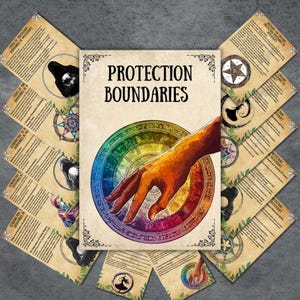 May include: A printable guide to protection boundaries in witchcraft, featuring a colourful illustration of a hand reaching towards a rainbow circle with the text "Protection Boundaries".