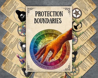 May include: A printable guide to protection boundaries in witchcraft, featuring a colorful illustration of a hand reaching towards a rainbow circle with the text "Protection Boundaries".