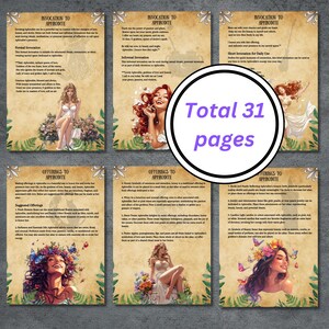 May include: A collection of six pages with illustrations of a woman with flowers in her hair. Each page has text about invocations and offerings to Aphrodite. The text includes the words "Invocation to Aphrodite", "Offerings to Aphrodite", and "Total 31 pages".