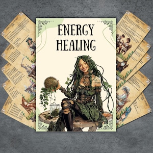 Op de afbeelding: Illustratie van een vrouw met groen haar en kleding, die een met mos bedekte bol vasthoudt. De tekst "ENERGY HEALING" staat boven haar. Verschillende pagina's met tekst en illustraties omringen de centrale afbeelding.