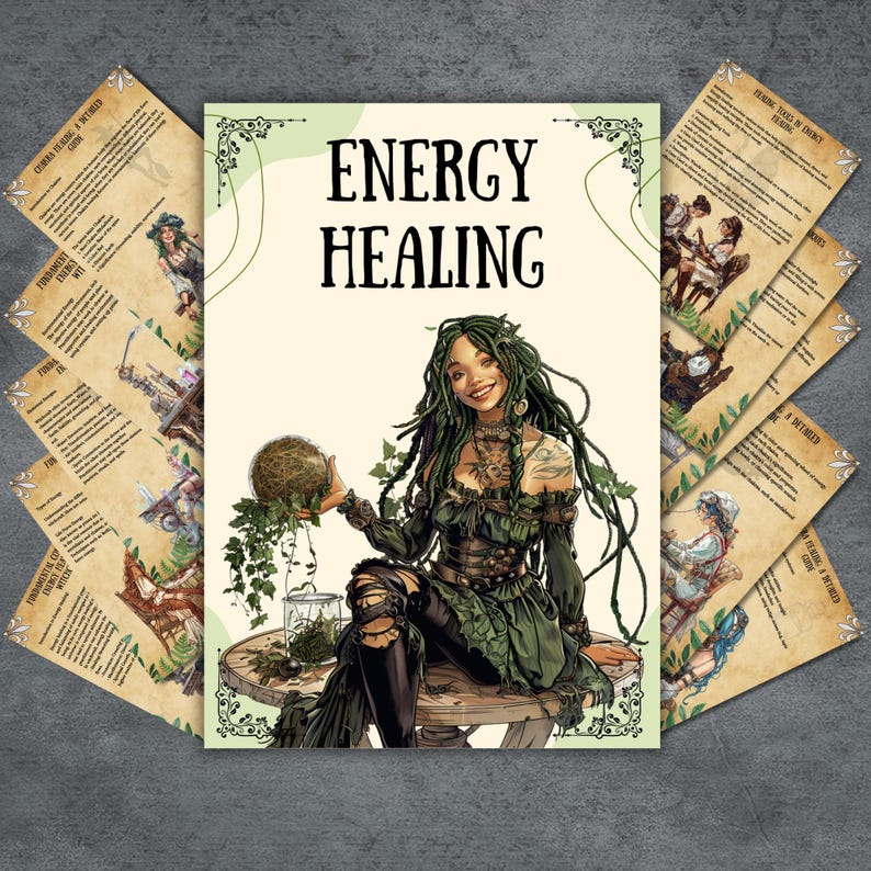 Op de afbeelding: Illustratie van een vrouw met groen haar en kleding, die een met mos bedekte bol vasthoudt. De tekst "ENERGY HEALING" staat boven haar. Verschillende pagina's met tekst en illustraties omringen de centrale afbeelding.