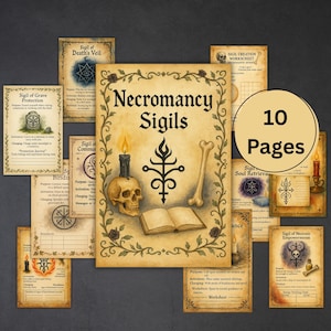 May include: A set of 10-page Necromancy Sigils, with a central design featuring a skull, candle, and bone. The pages have a vintage aesthetic with detailed illustrations and text, ideal for those interested in the occult.