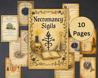 May include: A collection of 10-page Necromancy Sigils, featuring a central design with a skull, candle, and bone. The pages have a vintage aesthetic with detailed illustrations and text, perfect for occult enthusiasts.