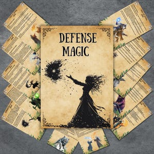 Puede incluir: Una ilustraci&oacute;n de estilo vintage de una mujer lanzando un hechizo oscuro, rodeada de cartas con texto sobre magia defensiva. El t&iacute;tulo "Magia Defensiva" est&aacute; escrito en negrita, en letras negras sobre un fondo de pergamino.