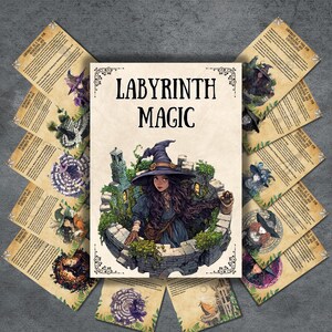 Pode incluir: Um baralho de cartas e um livro intitulado "Labyrinth Magic" com uma ilustração de uma bruxa numa torre. As cartas têm ilustrações de criaturas mágicas e texto. O livro e as cartas estão numa superfície cinzenta.