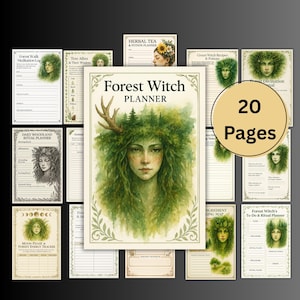 Può includere: Una raccolta di pagine stampabili per un Forest Witch Planner. L'immagine centrale è un'illustrazione ad acquerello di una donna con una corona di foglie. Il planner include sezioni per la meditazione, i rituali e le ricette di tè alle erbe. Il testo "Forest Witch Planner" è visibile.