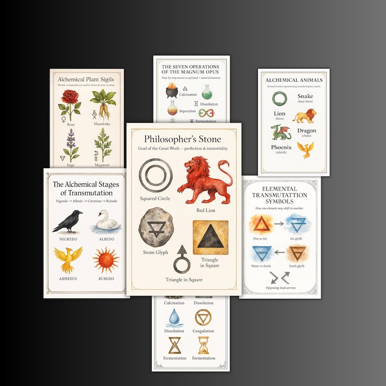 Puede incluir: Un conjunto de ocho impresiones art&iacute;sticas que presentan s&iacute;mbolos e ilustraciones alqu&iacute;micas. Las impresiones incluyen im&aacute;genes de plantas, animales y diagramas relacionados con la alquimia, con t&iacute;tulos como "Piedra Filosofal" y "S&iacute;mbolos de Transmutaci&oacute;n Elemental".